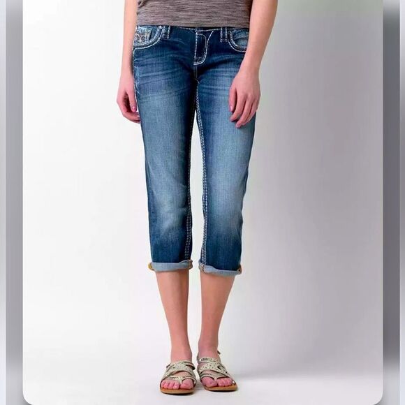 Rock Revival Betty Easy Crop Embroidered Gem Embellished Denim Capri Jeans - Picture 1 of 16